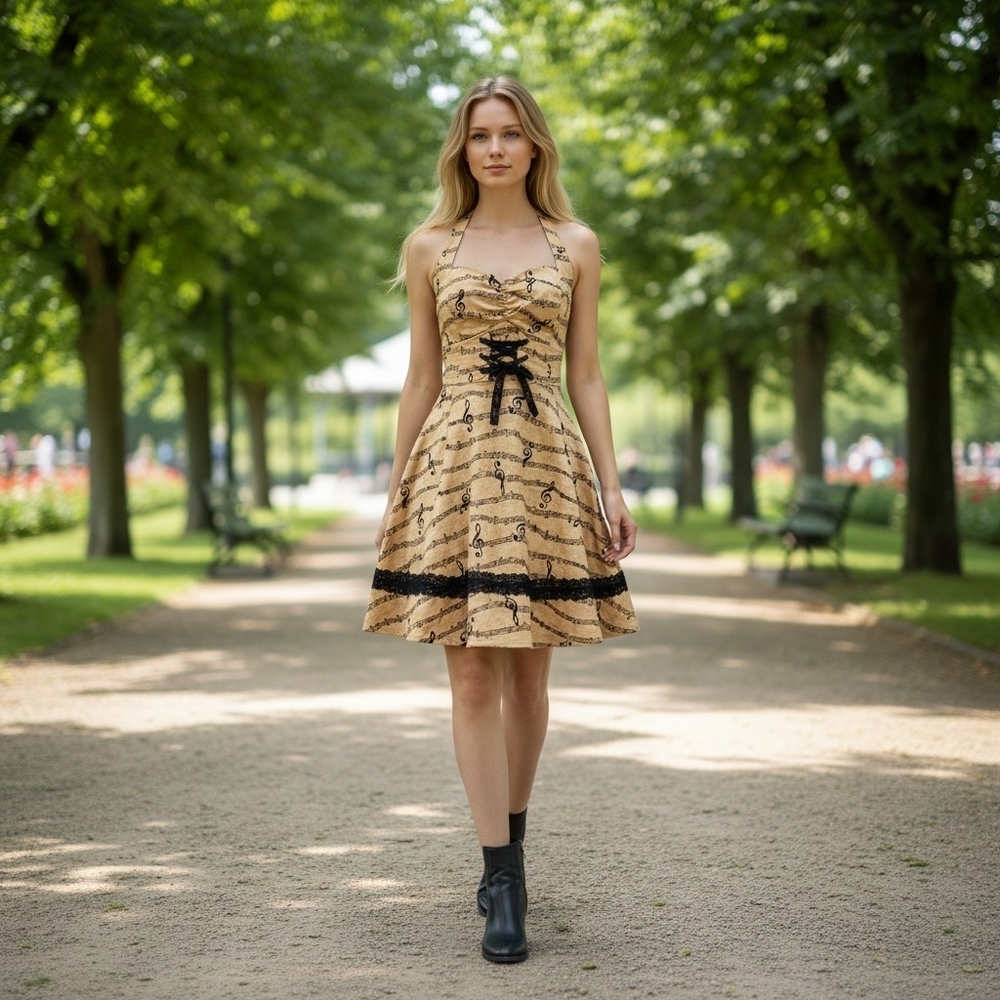 Rockabilly Dress Halter Fit & Flare Tan Black Musical Notes Tulle Petticoat